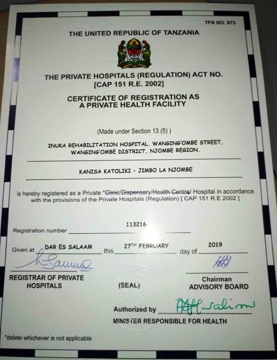 È ufficiale, riconosciuto e certificato: Ospedale di Riabilitazione INUKA Wanging’ombe Street, Wanging’ombe District, Njombe…