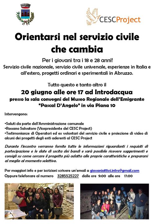 Cari amici abruzzesi, mercoledì 20 saremo ad Introdacqua per parlare di #serviziocivile ! Se…