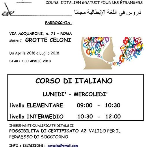 Corsi gratuiti di lingua italiana per stranieri in Via Acquaroni, 71! Per info e…