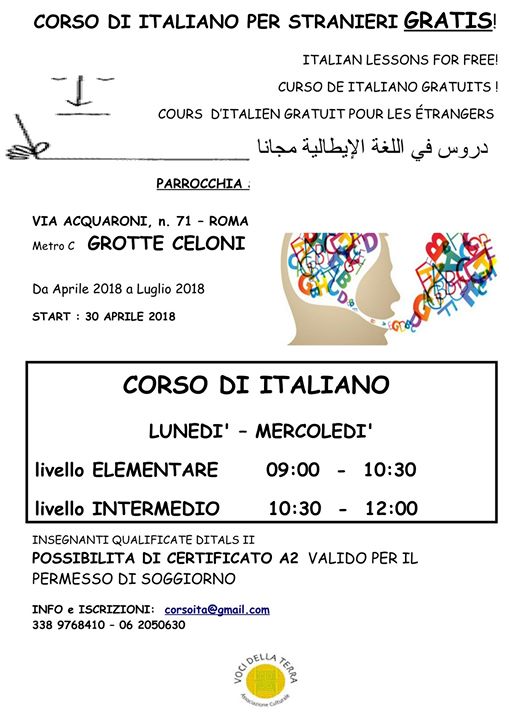 Corsi gratuiti di lingua italiana per stranieri in Via Acquaroni, 71! Per info e…