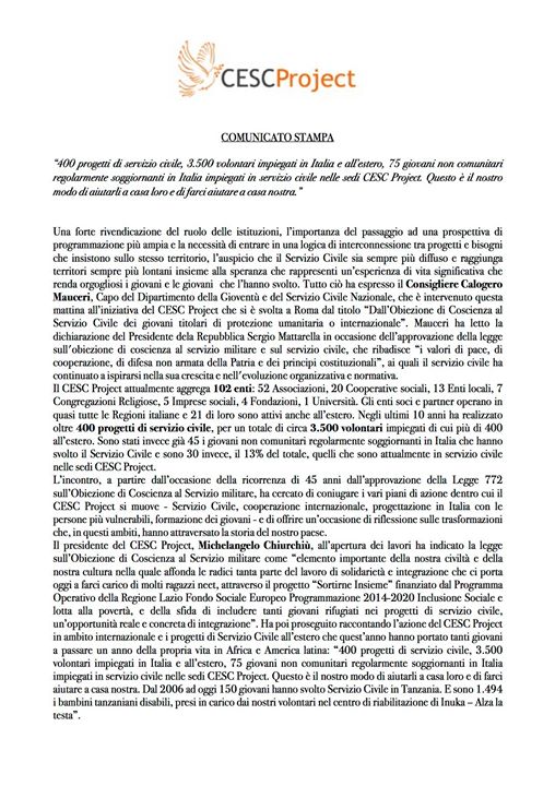 “400 progetti di servizio civile, volontari impiegati in Italia e all’estero, 75 giovani non…