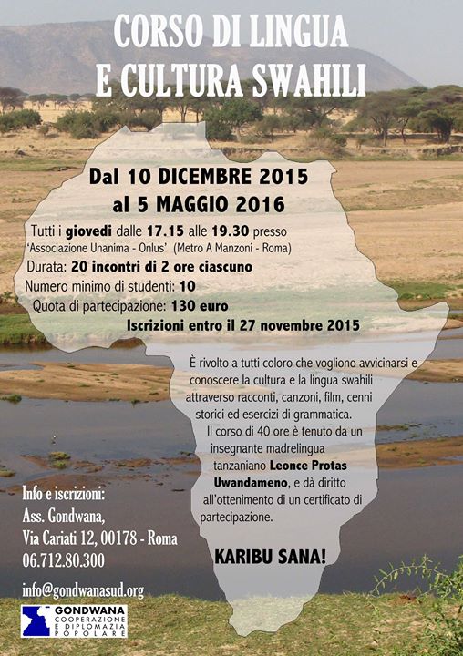 L’Associazione Gondwana organizza e promuove un corso di lingua e cultura Swahili a Roma,…